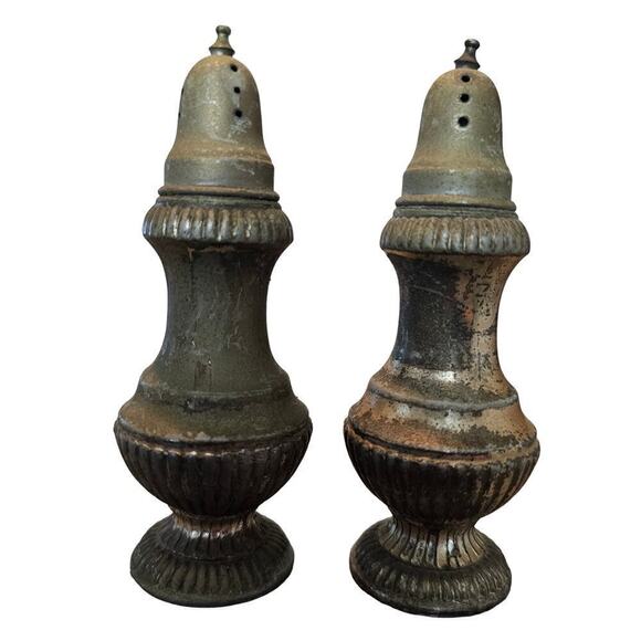None Other - Vintage Salt and Pepper Shakers Silver Plated Tarnished 4" Non Branded MCM